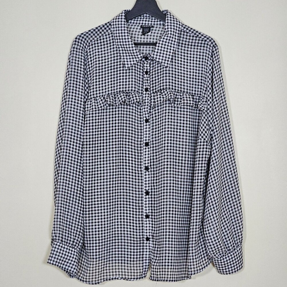 Torrid Top Womens 2X Black White Gingham Buttons LS Ruffles Boho Cottagecore